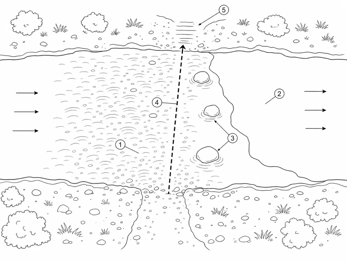 Top-down diagram of a river crossing. Part of the river is covered in small ripples over gravel; the rest is smooth water with a few large boulders near its edge. A dashed line crosses straight from the near bank through the rippled gravel to a low gap in the far bank.